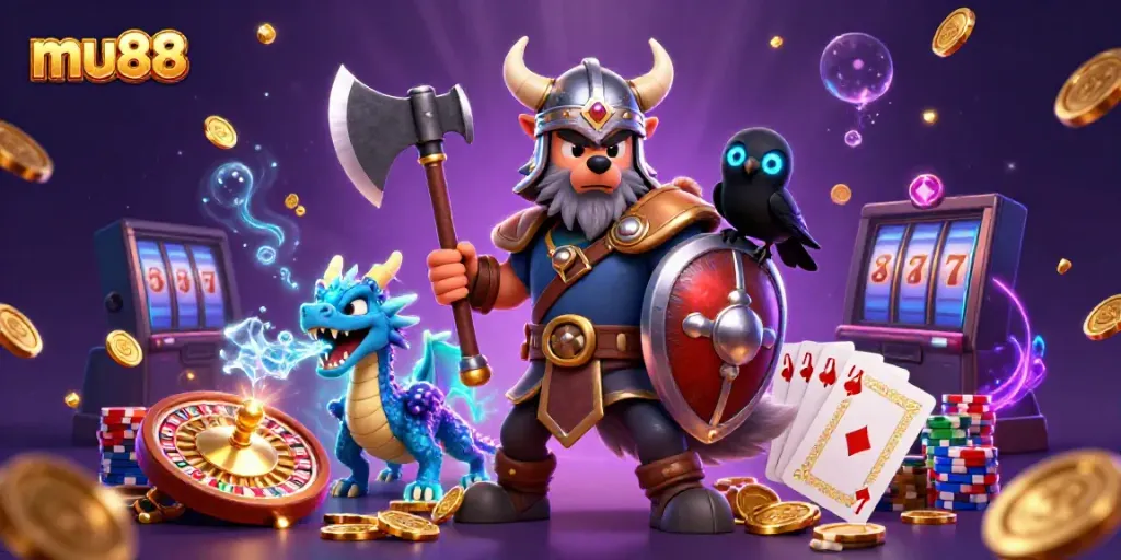 Join the excitement at mu88 with a mesmerizing 3D illustration showcasing a Viking wolf warrior, dragon, and casino elements.