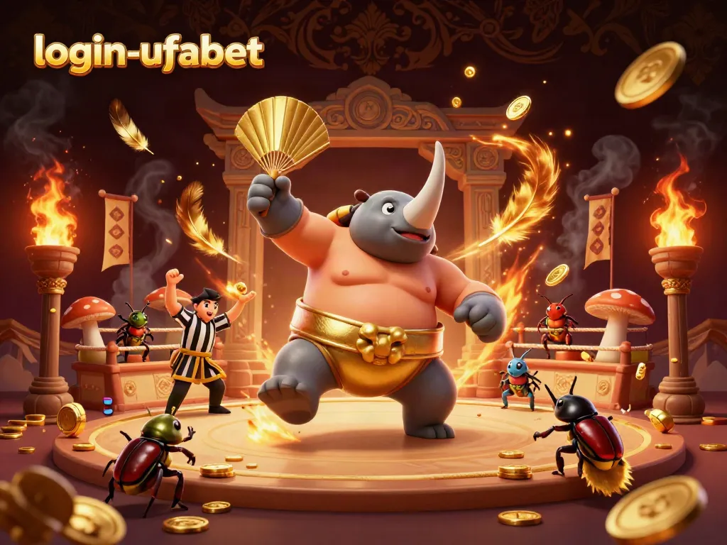 Engage in thrilling betting at login-ufabet with a 3D scene featuring a beetle sumo champion amidst flying gold coins.