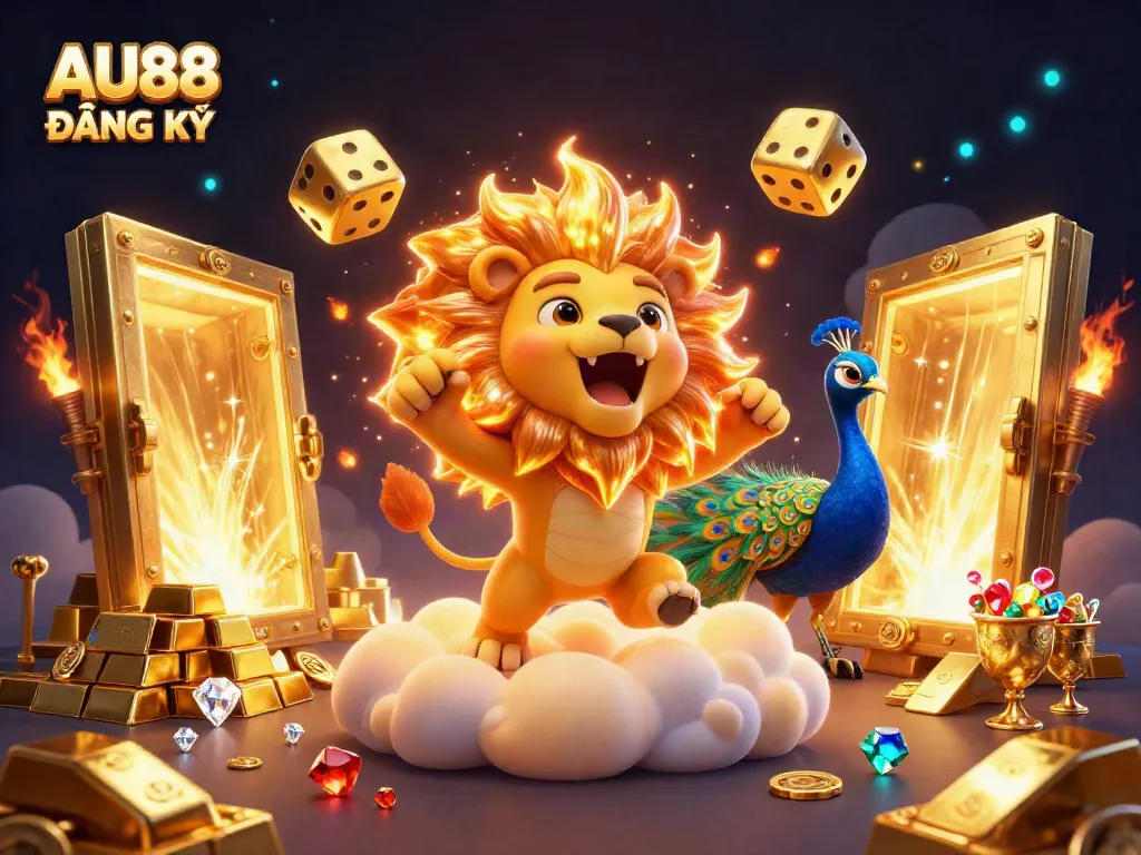 Experience AU88 ĐĂNG KÝ with vibrant casino-themed 3D artwork filled with golden treasures and celestial elements.