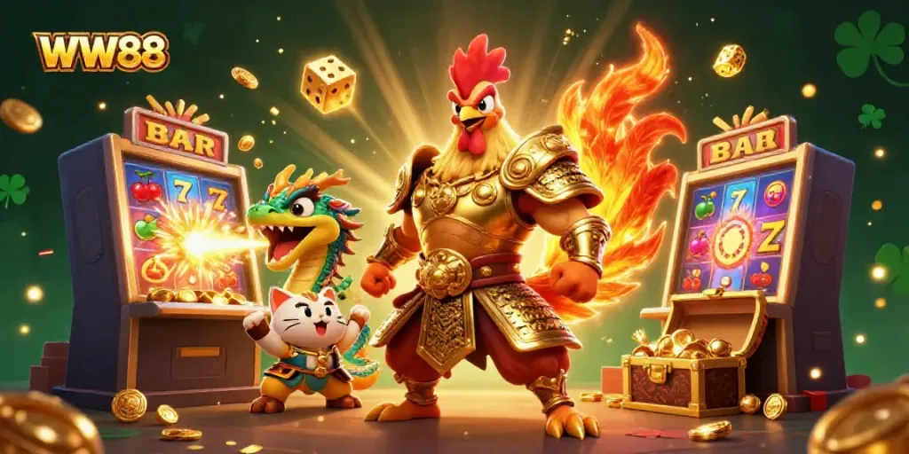 Engaging WW88 slot adventure scene with a warrior rooster, dragon hatchling, and fortune cat surrounded by vivid casino elements.