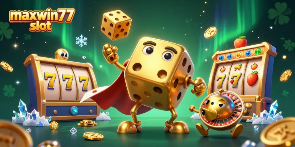 Engage with maxwin77 slot through vibrant 3D slot-themed illustration featuring golden dice and lucky symbols.