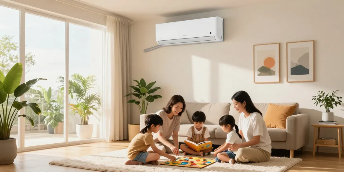 Family enjoying their time in a cozy living room with a mini split ac system for cooling.
