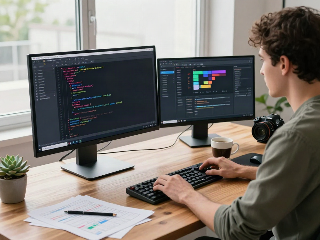 Dynamic v2rayN官网 tech workspace with developer coding at dual monitors in a modern office