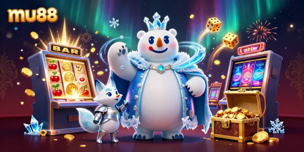 Experience mu88's vibrant casino adventure with an ice king polar bear and thrilling gaming elements.