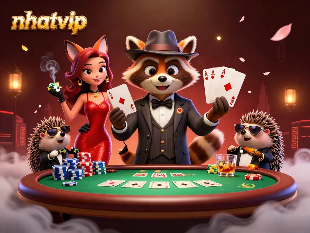 Nhatvip showcases a suave raccoon dealing winning poker hands in a vibrant casino scene