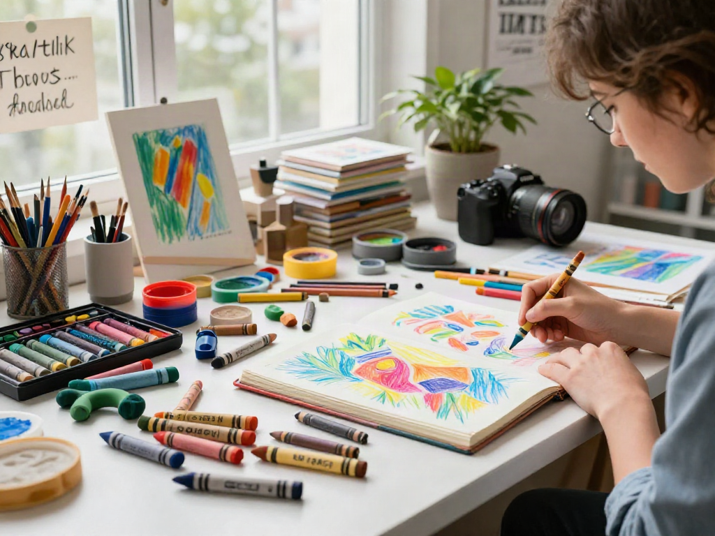 Crayon supplier showcasing colorful crayon drawings in vibrant art studio environment.