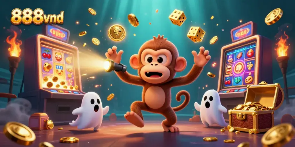 Engage with the thrilling world of 888vnd as a mischievous poltergeist monkey and a curious puppy explore a vibrant casino.