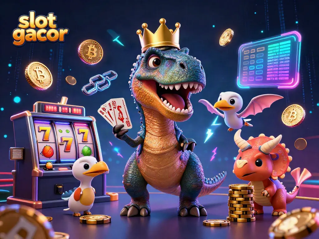 Experience thrilling slot gacor gaming with a whimsical T-Rex, pterodactyl, and triceratops in this vibrant 3D casino scene.