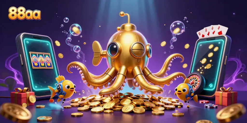 Spin to win with the entertaining 88aa-themed kraken submarine surrounded by slots and gold!