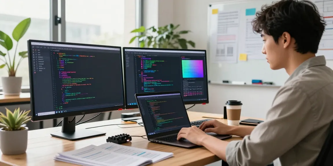 2113 Apps programming workspace with developer coding on multiple monitors.