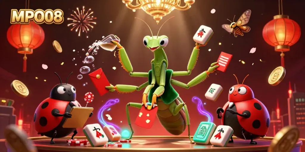 MPO08 showcases a vibrant 3D casino illustration featuring a giant praying mantis and ladybug amidst dynamic slot reels and festive elements.