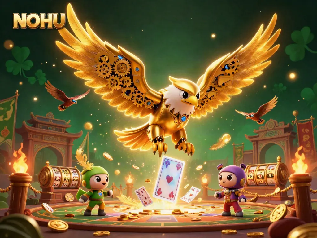 Engage with NOHU’s immersive gaming experience featuring a golden eagle amidst vibrant casino elements.