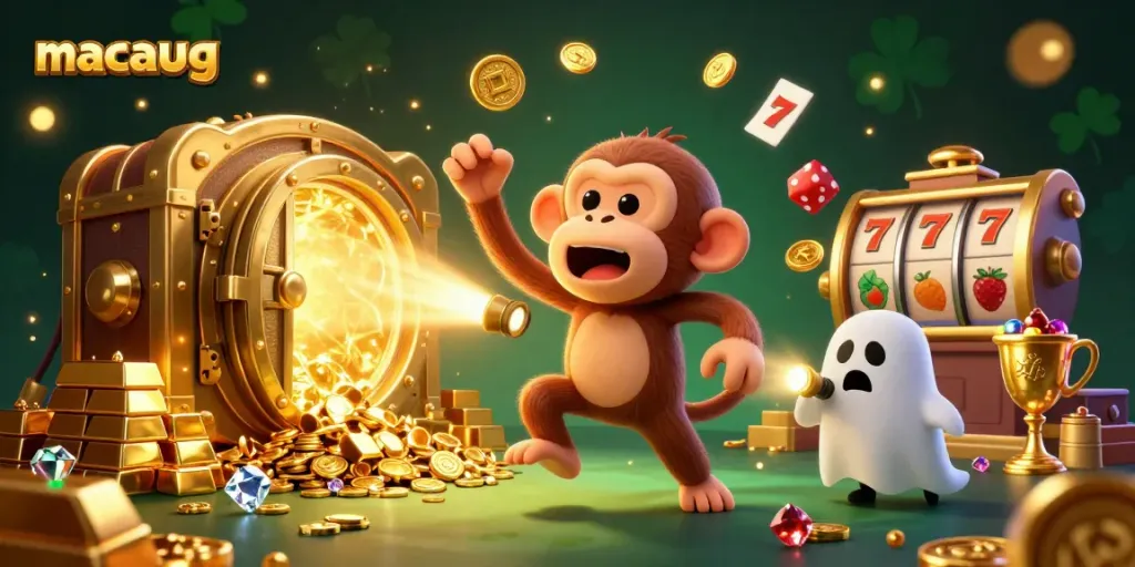 Engage in thrilling play at macaugg with a dynamic scene of a mischievous monkey and spooky puppy in a casino.