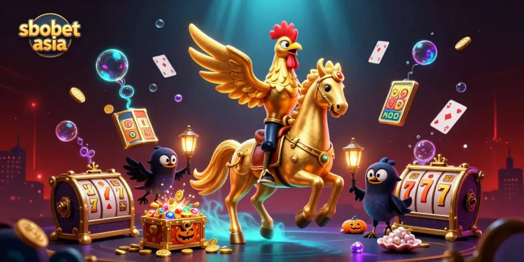 Experience sbobet asia with an interactive midnight casino scene featuring a golden rooster and vibrant game elements.