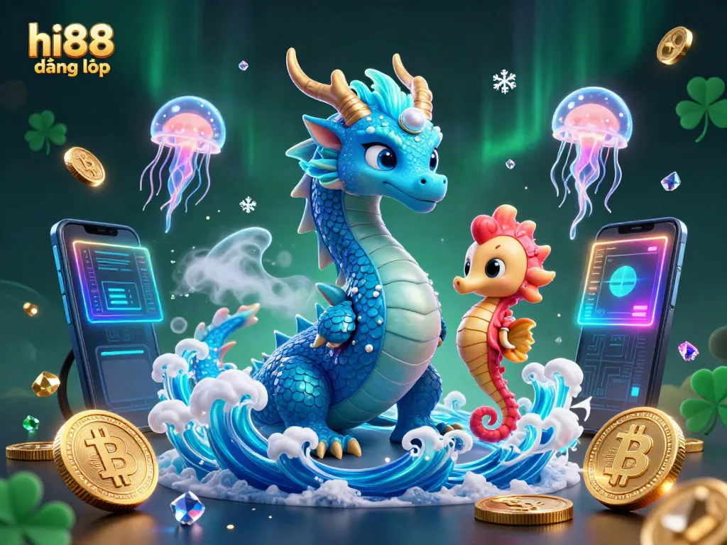 Trong hình ảnh, hi88 đăng nhập thể hiện một thế giới cá cược với rồng xanh và cá ngựa dũng cảm.