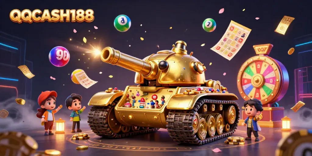 Engage with QQCASH188's lively casino scene featuring a massive golden beetle tank full of games.