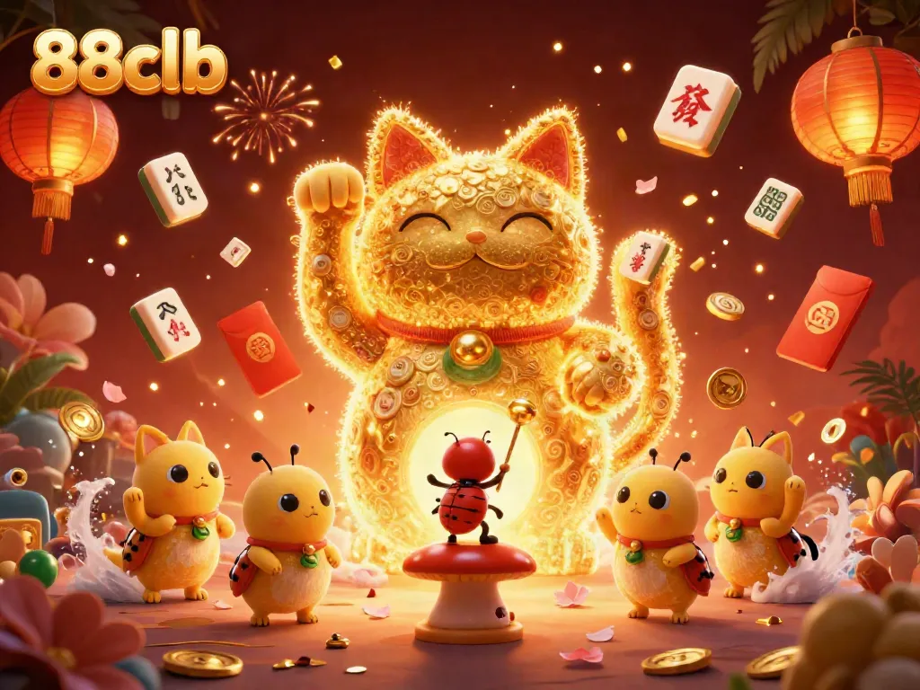 Engage with thrilling games at 88clb with a vibrant lucky cat and festive gaming symbols.