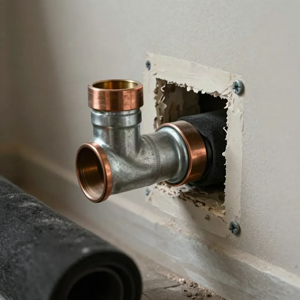 Repaired pipe elbow with copper coupling in a laundry room wall opening, dust hanging in the air.