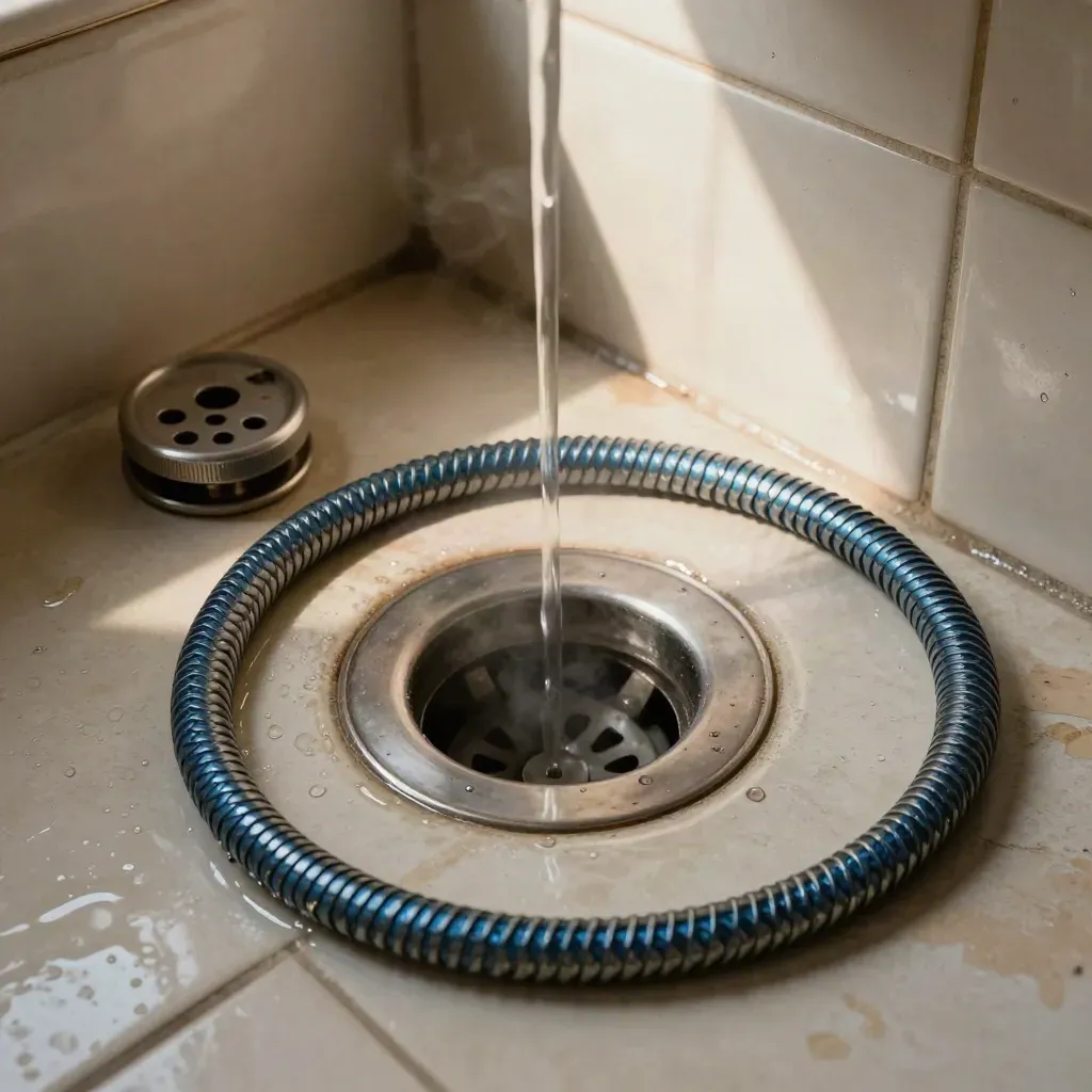 Top-down floor drain clearing with sink trap, cleanout cap, and coiled snake in a tiled utility room.