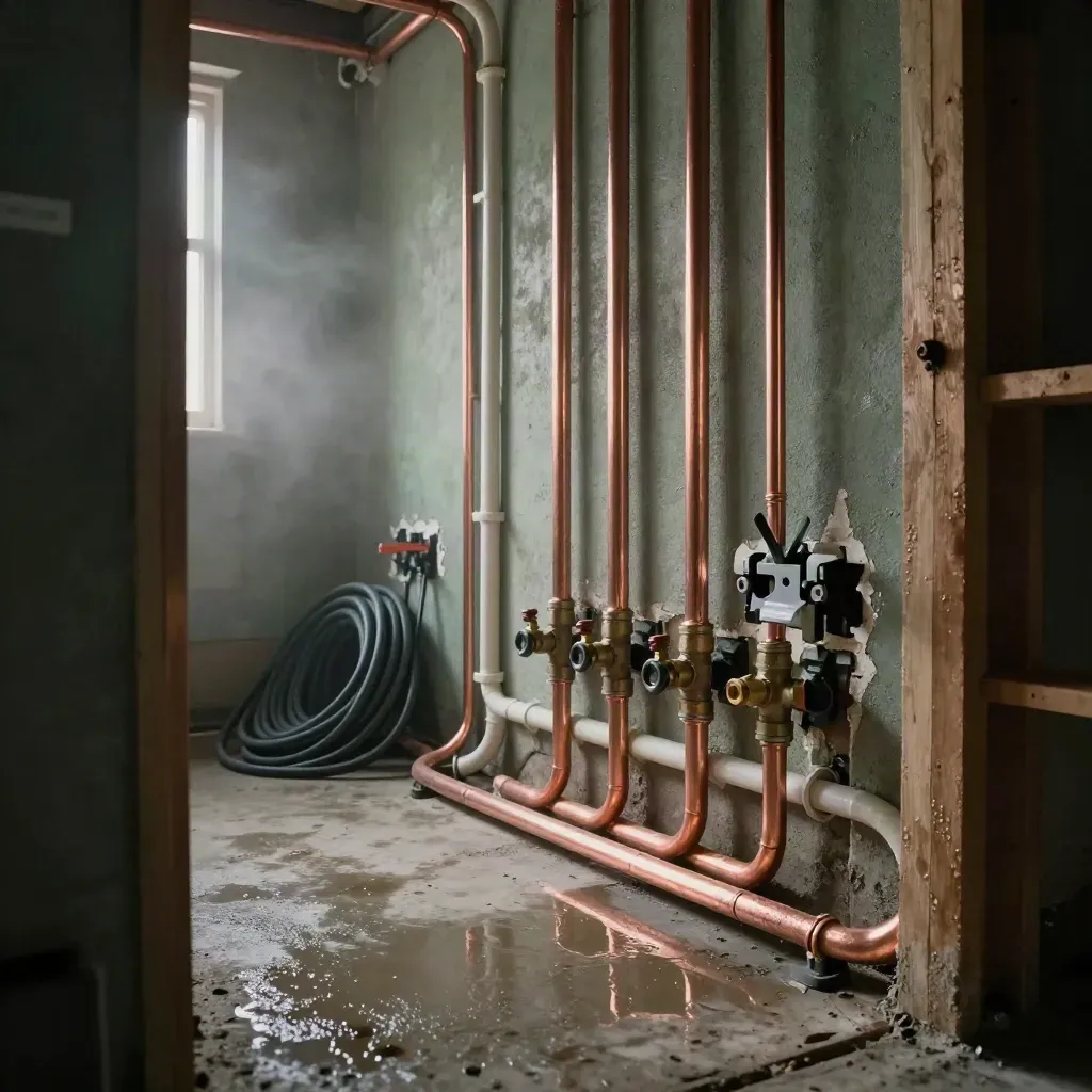 Basement utility room with copper pipes, PEX loops and a drain snake in dawn mist.