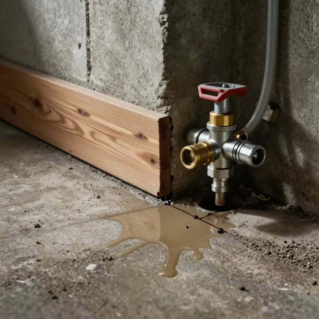 Basement leak detection scene with damp concrete, lifted baseboard, and a shutoff manifold