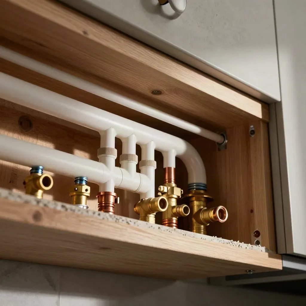 Open kitchen wall with neat PEX repiping, shutoff valves, and clipped lines