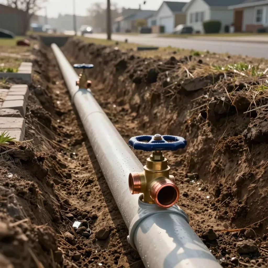 Exposed water service pipe in a trench with copper fittings and blue shutoff handles.