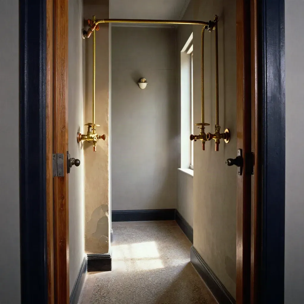 Open utility closets with new shutoffs and bright pipework in a rental corridor