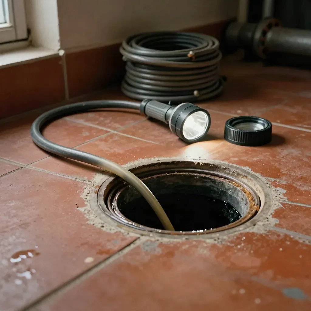 Pipe inspection cable beside open cleanout, flashlight, and cap on terracotta tile floor
