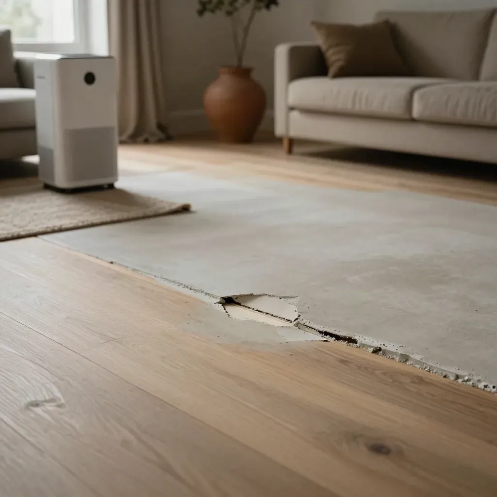 Dry living room floor with a patched slab leak, lifted baseboard, and a dehumidifier beside fresh concrete.