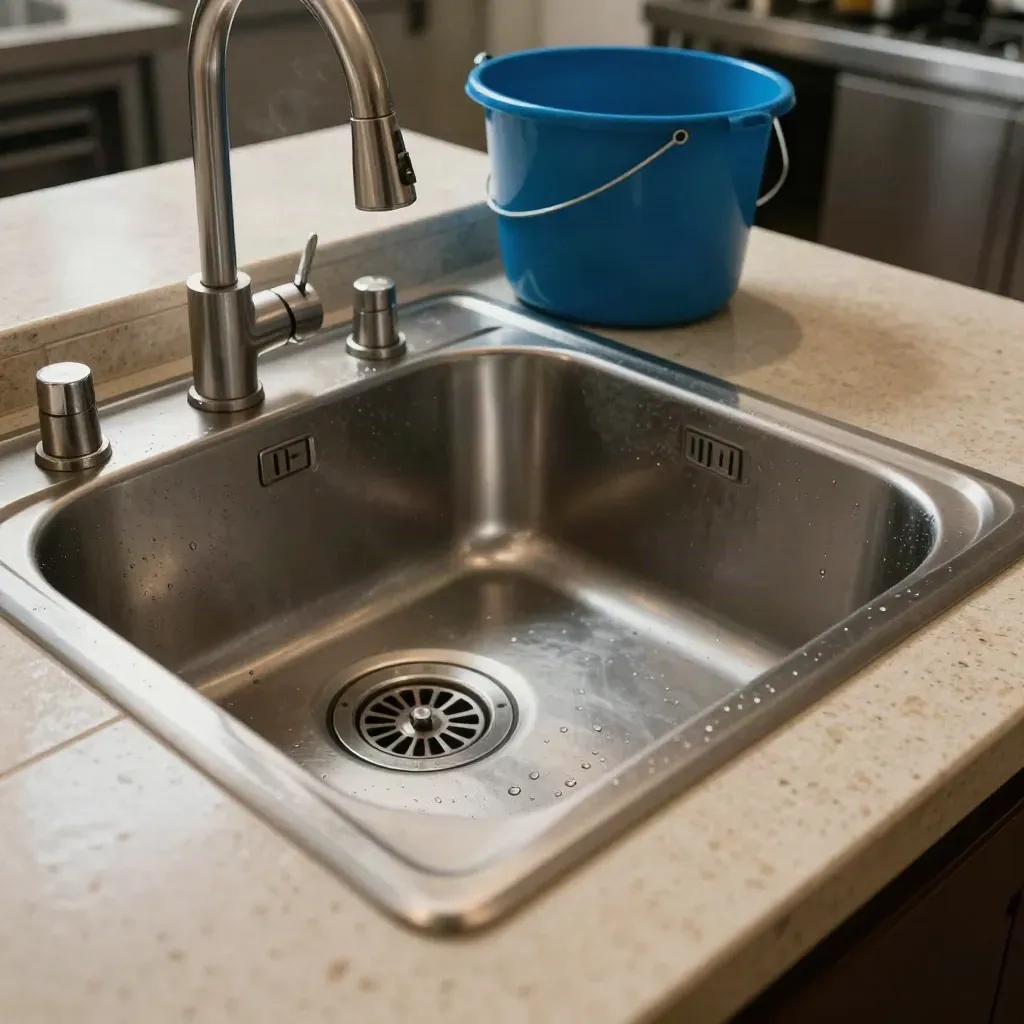 Cleared stainless sink bank with drain basket, wet steel, and a blue mop bucket in a restaurant kitchen.