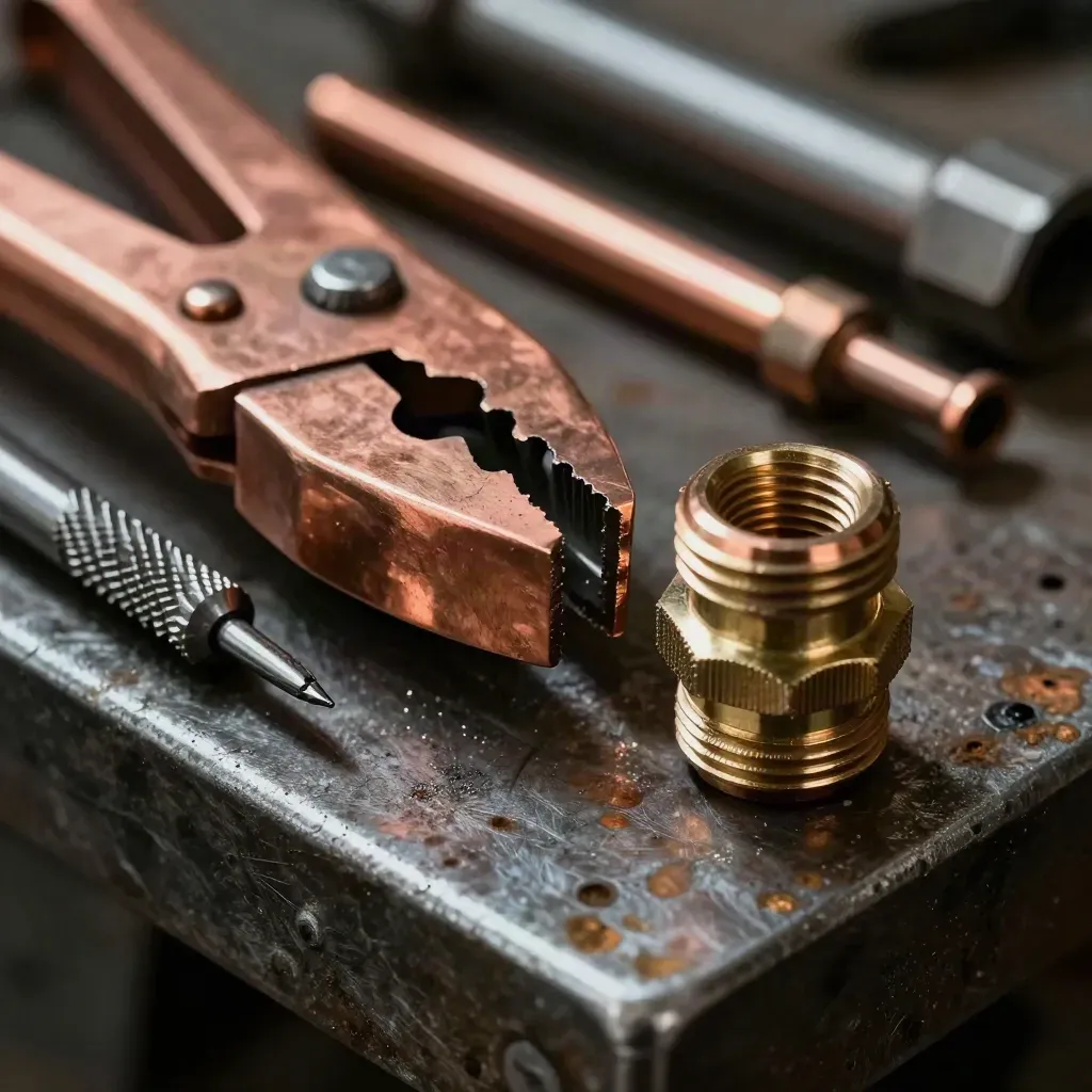 Macro of pipe cutter, deburring tool and fittings on a scarred metal bench
