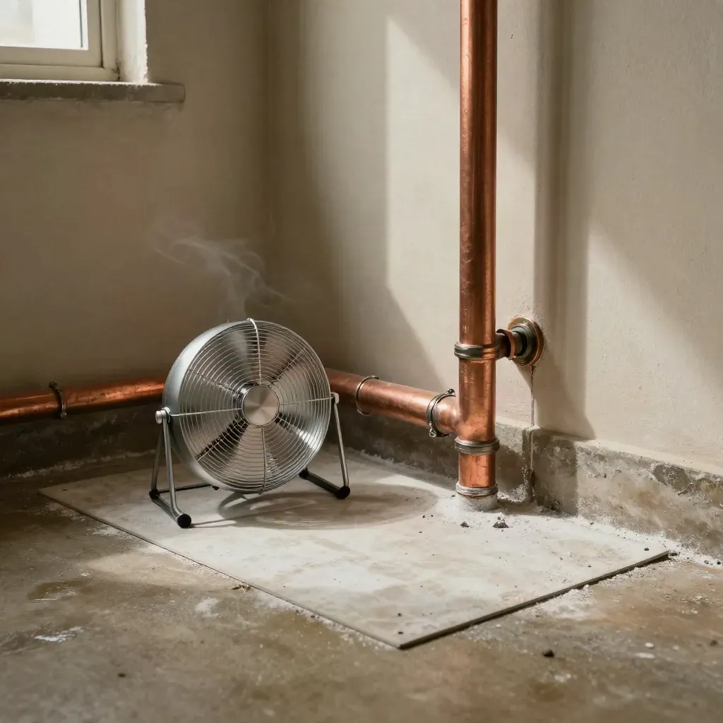 Dry basement utility corner with a patched copper pipe and a portable fan on a clean slab.