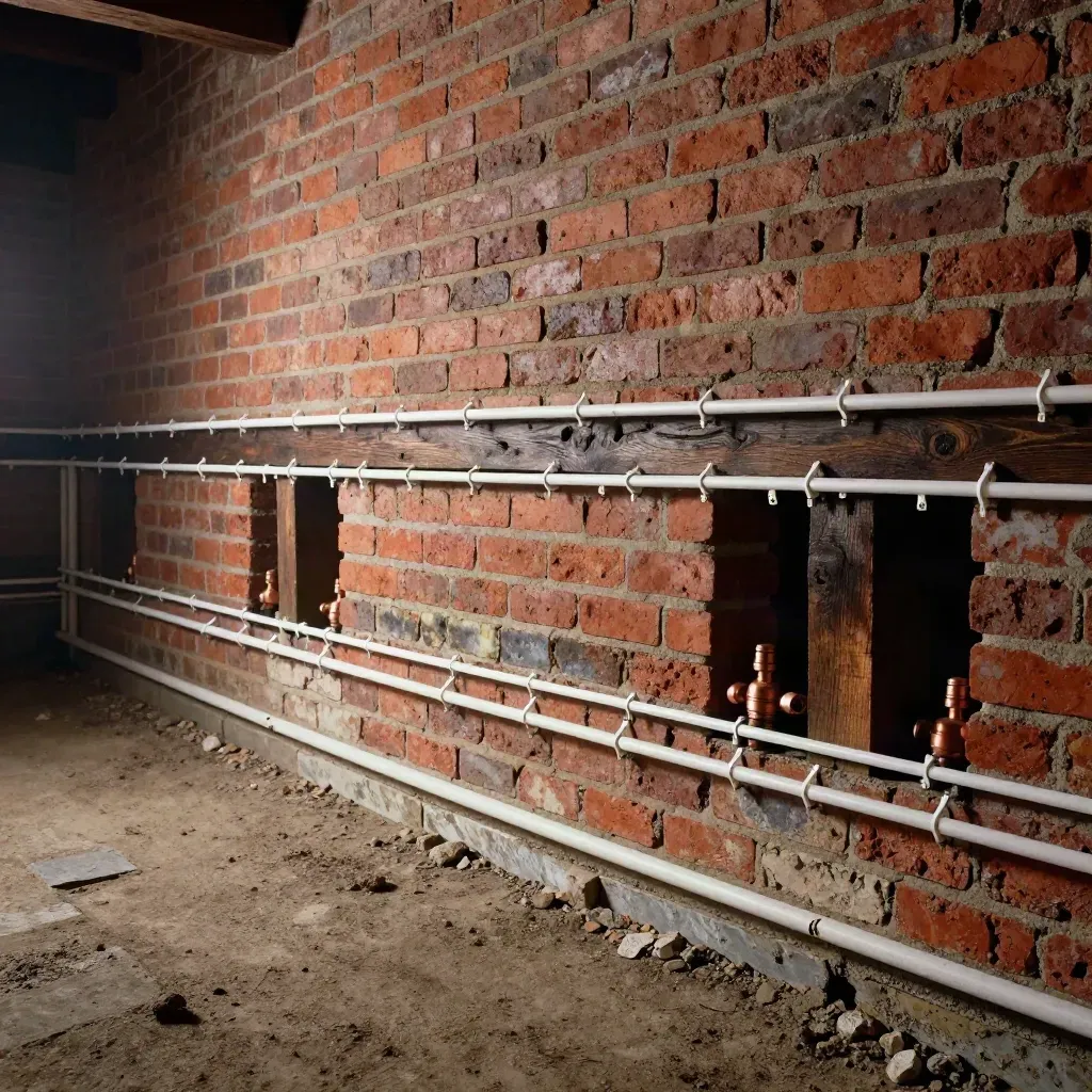 Brick crawlspace with new PEX pipe runs and old pipe sections under joists