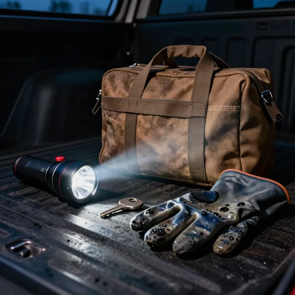 Emergency plumbing kit on a truck bed liner: flashlight, work light, shutoff key, gloves, service bag.