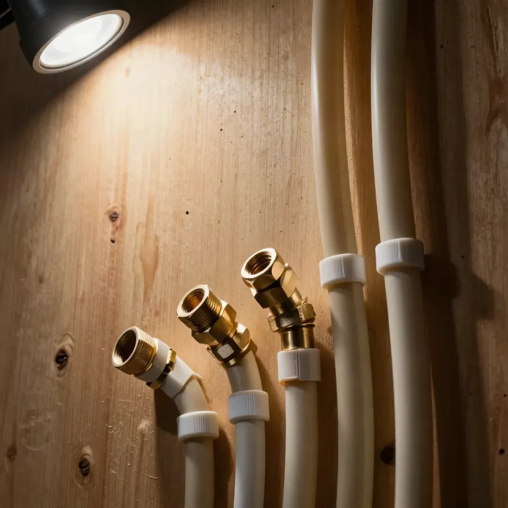 PEX tubing, brass manifold ports, and clips on plywood in a tight workshop macro.