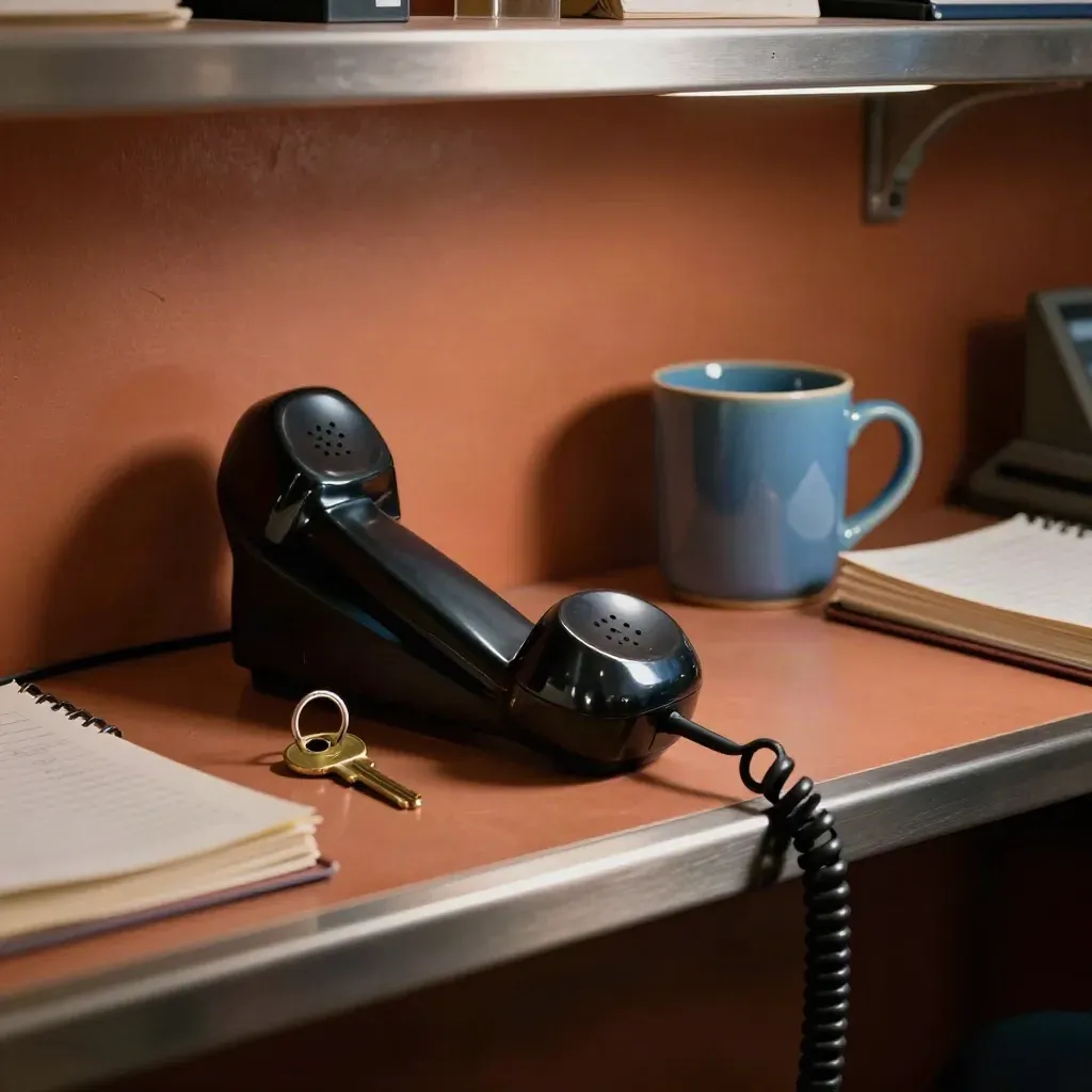 Reception shelf still life with handset, brass key hook, mug, and closed appointment book.