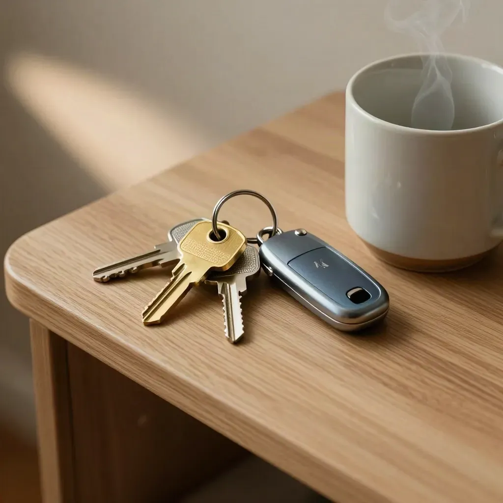 House keys, brass tag, van fob and mug on a pale wood entry console.