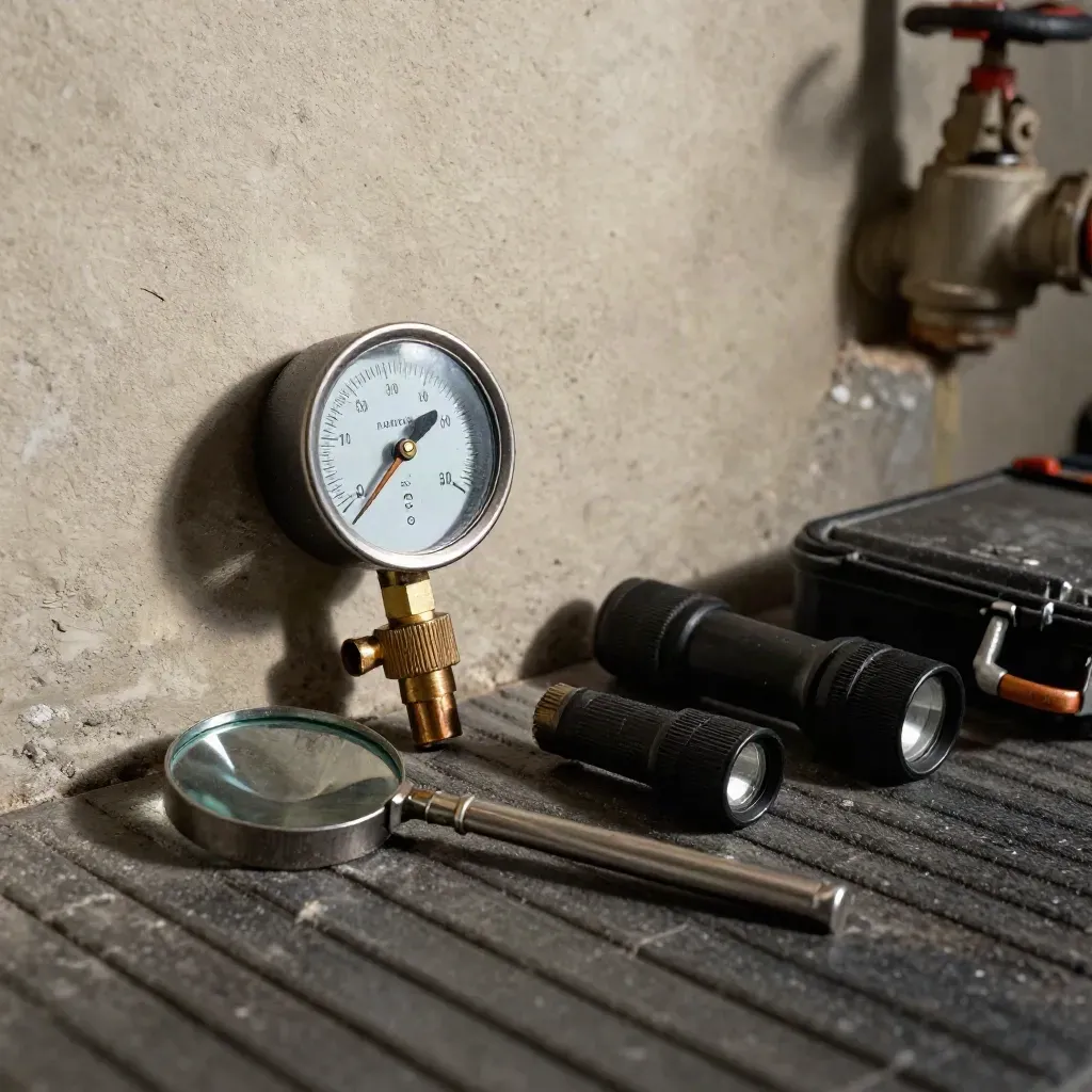 Pressure gauge, inspection mirror, flashlight and meter case on a rubber mat in a utility room