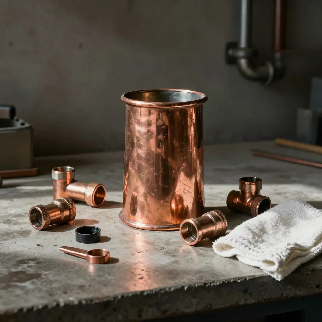 Copper pipe repair parts arranged on a concrete workbench in soft workshop light.