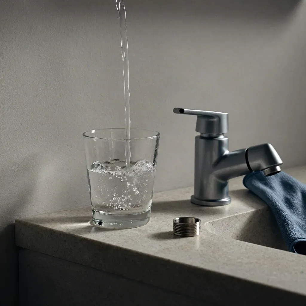 Glass tumbler under a clean water stream beside a chrome P-trap and faucet spout on stone.