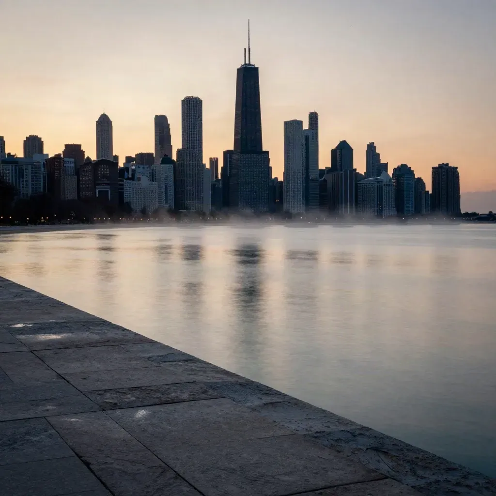 Chicago skyline above a hazy lakefront at dusk, viewed from a high terrace