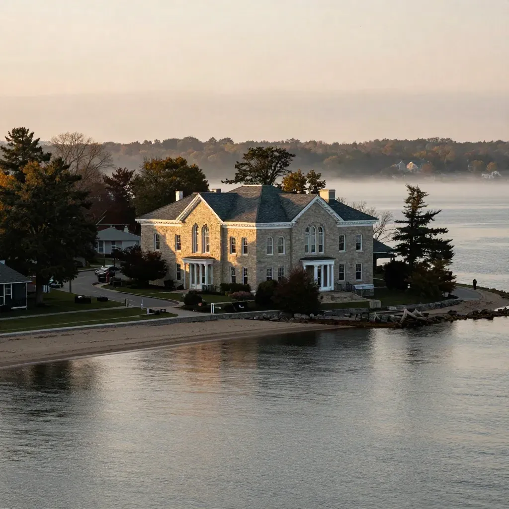 Wilmette lakeshore with stone civic building above misty water and tree-lined streets at golden hour