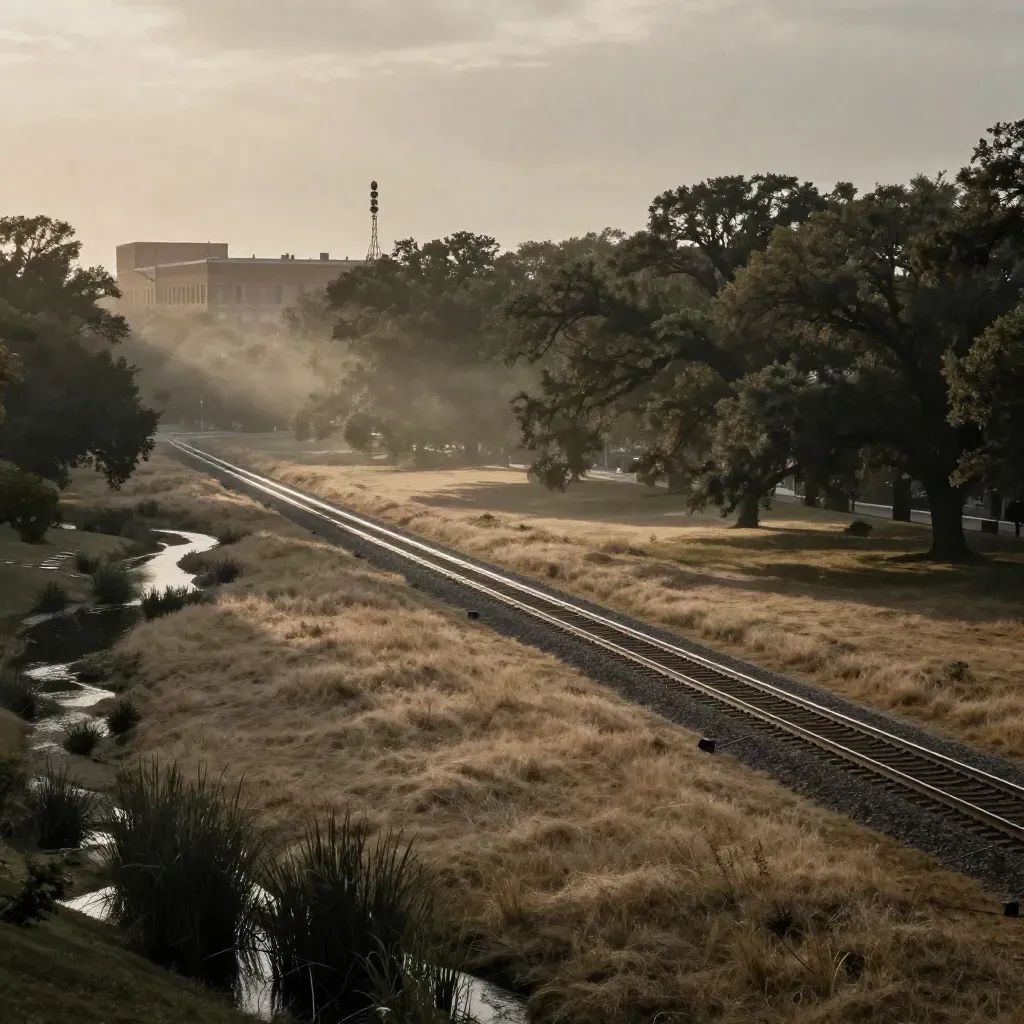 West suburban rail corridor, tree canopies, brick edges and storm haze at sunset.