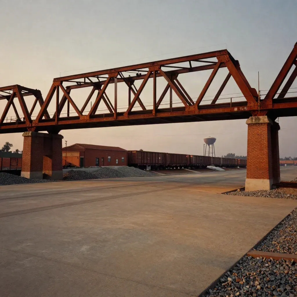 Rust-red rail bridge and brick industrial edge above a misty concrete apron at dusk