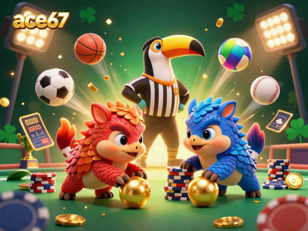 A lively scene featuring rival pangolins in a competitive poker game showcasing ace67 through dynamic elements and golden confetti.