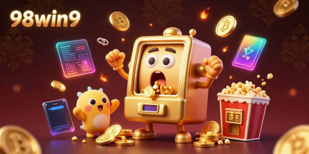 Experience exciting jackpot wins with a lively 98win9 slot machine scene filled with animated characters and coins.