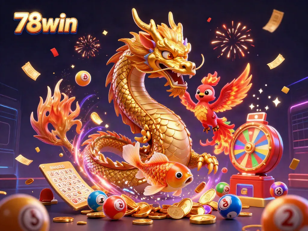 Engage in exhilarating online gaming adventures with 78win's dynamic 3D casino illustration.