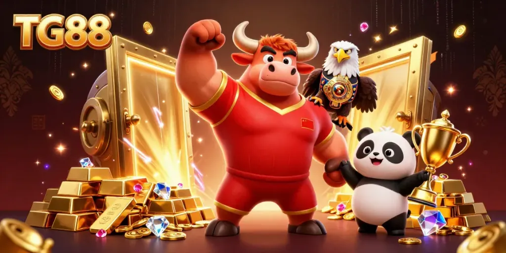 Experience the excitement of TG88 with a colorful 3D illustration featuring vibrant gaming elements and mascots.