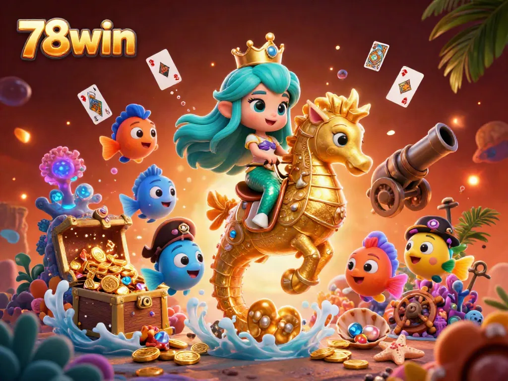Experience the excitement of 78win with a vibrant underwater scene featuring a mermaid princess and her unique sea allies.